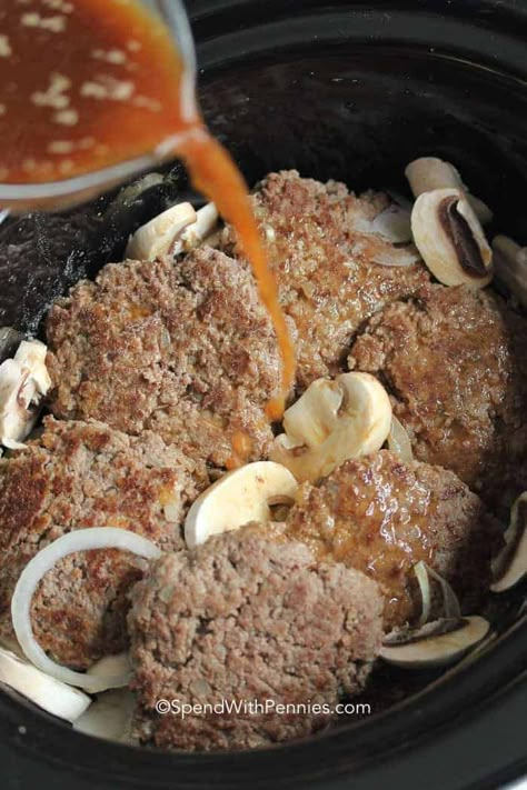 Slow Cooker Salisbury Steak By 12 Tomatoes, Salsberry Steak Crockpot, Swiss Steak With Hamburger Patties, Hamburgers In The Crockpot, Crockpot Salisbury Steak With Frozen Hamburger Patties, Crockpot Salsberry Steak Crock Pot, Salberysteak Recipe Easy Crockpot, Salberry Steak Recipes, Salsbury Cube Steak Recipe Crockpot