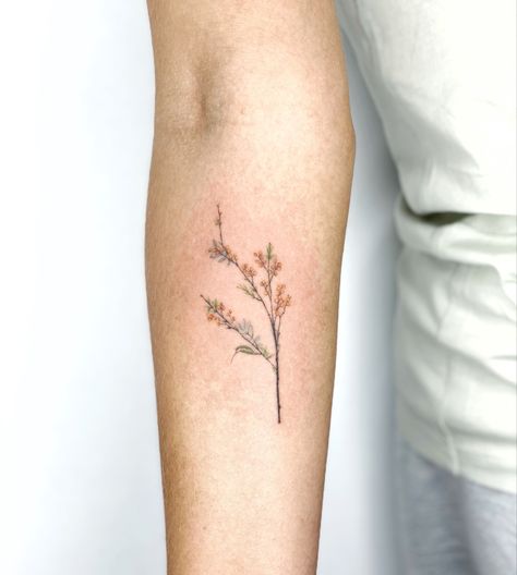 Apricot Branch Tattoo, Golden Rod Tattoo, Mimosa Flower Tattoo, Forsythia Tattoo, Goldenrod Tattoo, Yellow Tattoo, Best Tattoo Ever, Mimosa Flower, Branch Tattoo