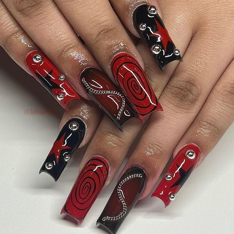 follow for more <3 || credit: @lalinailedit on ig Red Nails 2000s, Cherry Red And Black Nails, Red And Black Goth Nails, Grunge Valentines Nails, Punk Nails Acrylic, Red Grunge Nails, Cna Nails, Y2k Red Nails, Slipknot Nails