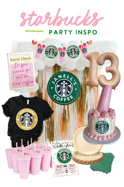 Sharing some Starbucks party inspiration with you! #starbucks #birthdayparty #party #coffee Starbucks Pink Drink Birthday Party, Starbucks Bridal Shower Theme, Pink Starbucks Birthday Party, Pink Starbucks Birthday Party Ideas, Starbucks Birthday Shirt, Starbucks Birthday Theme, Starbucks Birthday Party Decorations, Starbucks Party Ideas For Teens, Girls 12th Birthday Party Ideas