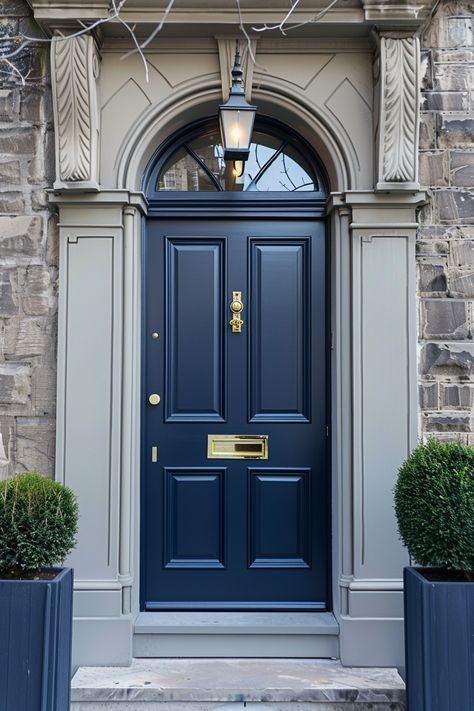 Front Door Colors For Brick Houses - Quiet Minimal Light Blue Front Door Brick House, Gray House Exteriors, Blue Doors Front Entrance, Dark Blue Front Door, Blue Front Door Colors, Brick House Front Door Colors, Front Door Color Ideas, Door Color Ideas, Brown Brick Houses