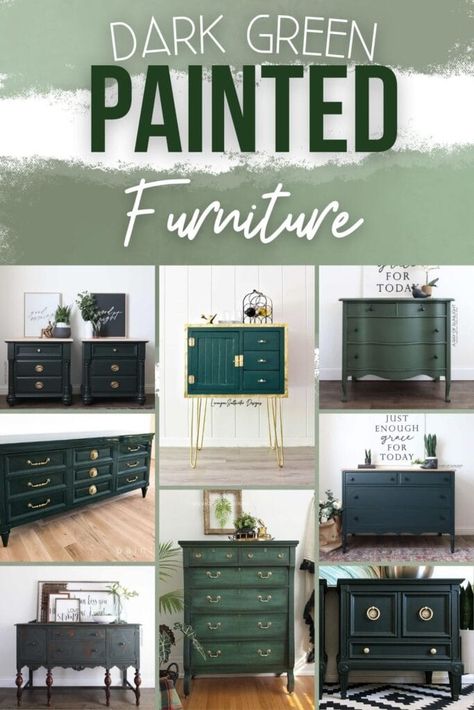 Dark Green Chalk Painted Furniture, Green Dresser Makeover, Emerald Green Paint, Remodel Furniture, Painted Nightstands, Green Sideboard, Green Bedroom Furniture, Olive Green Paints, Green Nightstands