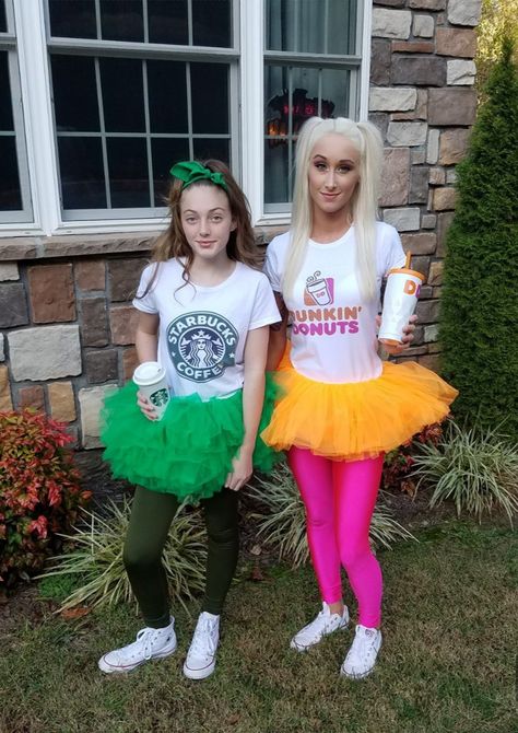 Starbucks and Dunkin Donuts Halloween costumes Dunkin Donut Costume Diy, Dunkin Halloween Costume, Starbucks Group Costumes, Dunkin Costume, Starbucks Costume Womens, Twin Costume Ideas For Women, Fast Food Halloween Costumes, Starbucks Drink Costume, Coworker Halloween Costumes