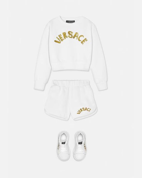 Versace Kids Versace Logo Kids Sweat Shorts for Girls | Online Store EU Cute Lazy Summer Outfits, Girls Designer Clothes, Versace Kids, Printed Denim Jacket, Versace Logo, Printed Silk Shirt, Printed Polo Shirts, Versace Outfit, Silk Print Dress