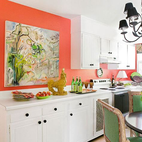 Stick to the Walls...my new favorite color combo's...peach with robin's egg blue and a touch of lime. Retro Modern Kitchen, Coral Kitchen, Trendy Kitchen Colors, Purple Kitchen, Beach Kitchens, All White Kitchen, Marc Chagall, Modern Kitchen Cabinets, Kitchen Design Decor