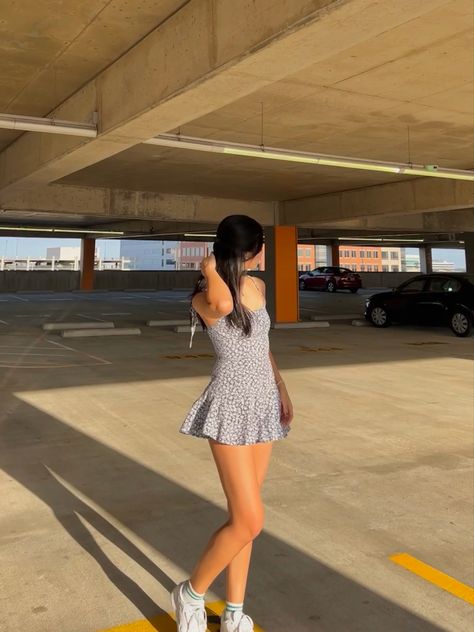 summer romper sneakers parking lot summer sun outfit Summer Sun Dress Aesthetic, Sun Dress And Sneakers Outfit, Sundress With Sneakers, Sundress And Sneakers, Romper And Sneakers, Sun Outfit, Dress And Sneakers, Dress And Sneakers Outfit, Sundress Outfit