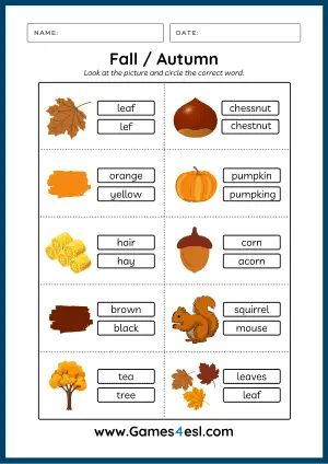 Fall Worksheets | Autumn Worksheets | Games4esl Fall Worksheets For Kids, Fall Vocabulary, Vocabulary In English, Fall Worksheets, Teach English To Kids, Esl Vocabulary, Esl Classroom, Language Worksheets, Kids English