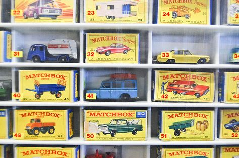 Matchbox cars. The best toy stores and departments displayed them in this manner, numerically in order. Matchbox Cars Display Diy, Match Box Car Storage, Matchbox Cars Display, Toy Collection Display, Toy Stores, Vintage Matchbox Cars, Matchbox Toys, Model Cars Collection, Matchbox Toy Cars