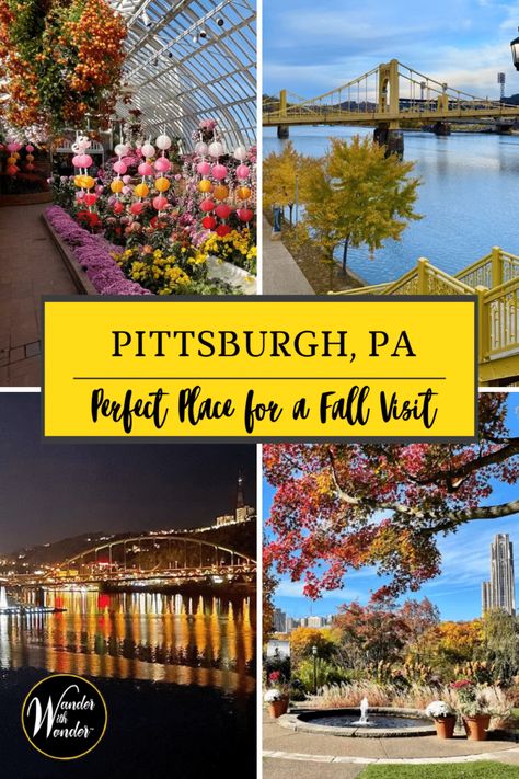 Planning a leaf-peeping trip this fall? Experience fall in Pittsburgh, with autumn colors, great food, and culture. Read the Wander With Wonder article for what to see, do, and eat this fall in Pittsburgh. Midwest Travel Destinations, Visit Pittsburgh, Midwest Road Trip, Pittsburgh Skyline, Food And Culture, Pennsylvania Travel, North America Travel Destinations, Midwest Travel, Leaf Peeping