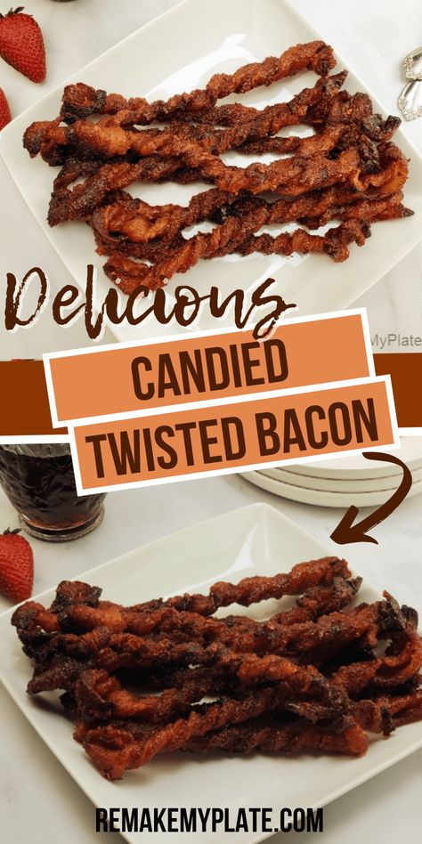 Just when you thought bacon couldn't get any more delicious along comes this candied twisted bacon recipe. #twistedbacon #candiedbacon #bacon #baconrecipe #remakemyplate Twisted Bacon, Candied Bacon Recipe, Bacon Appetizers, Bacon Recipe, American Recipes, Appetizers Easy Finger Food, Candied Bacon, Finger Foods Easy, Smoked Food Recipes