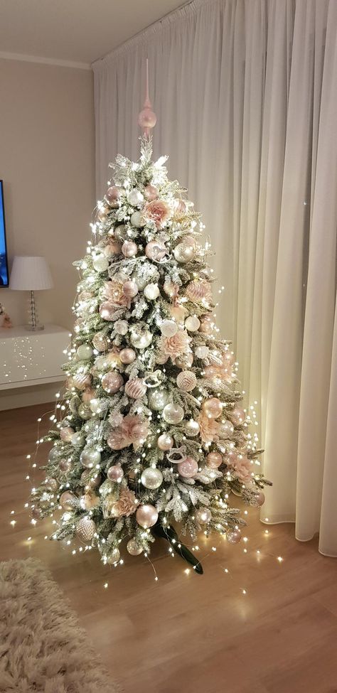 White Gold Pink Christmas Tree, Pink And White Christmas Tree Decor, Pink Gold White Christmas Tree, Frosted Christmas Tree Ideas Pink, Pink White And Silver Christmas Tree, Pink Chirstmas Tree, Green And Pink Christmas Tree, Pink And Silver Christmas Tree, White Christmas Tree With Pink Lights