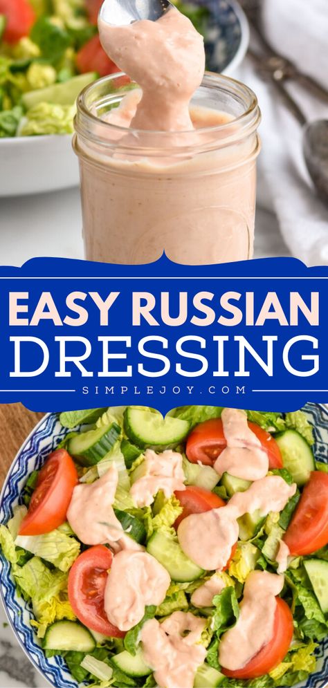 Your summer salads call for this homemade Russian dressing! It's such an easy salad dressing recipe to whip up in just 5 minutes and always tastes delicious. Use it on a Reuben Sandwich and other spring dishes! Easy Creamy Dressing, Homemade Russian Dressing Recipe, Russian Salad Dressing Recipe, Easy Creamy Salad Dressing, Reuben Dressing Recipe, Russian Dressing Recipe Reuben Sandwich, Sub Sandwich Dressing Recipe, Creamy Salad Dressing Recipes, Simple Salad Dressing Recipes