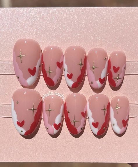 Simple Nail Designs Aesthetic, Practice Nail Designs, Almond Valentines Nails Pink, Kawaii Nail Art Anime, Childish Nail Designs, Twice Kpop Nails Ideas, Kirby Nail Ideas, Kawaii Nails Valentines, Regular Polish Nail Art