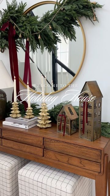 Tableshoppe Co. on Instagram: "Comment “HOLIDAY” and I’ll send you the links to shop this holiday entry table. Or head over to Tableshoppeco.com to shop our collection of timeless holiday decor. 🎄  The holidays are calling and we are answering with our virtual shelves decked in Christmas magic. ⭐️ We have our first wave of Christmas items available in the shop with a few more coming later this month. 🥰  This entry table features our— Gold Christmas Tree Candleholders (set of 3) Village House Pair with Bordeaux 3/8” ribbon 60” Real-touch Norfolk pine and Cypress mixed garland  gold Cone Mini bell garland  Ivory taper candles Bordeaux Bow kit   It’s the most wonderful time of the year, my friends. Who’s excited?!   #interiordecorating #entrytable #entrytabledecor #christmasentryway #holida Christmas Decor Entry Table, Christmas Entry Table, Christmas Console Table Decor, Christmas Entryway Table Decor, Studio Mcgee Christmas, Bell Garland, Christmas Entry, Entry Table Decor, Christmas Entryway