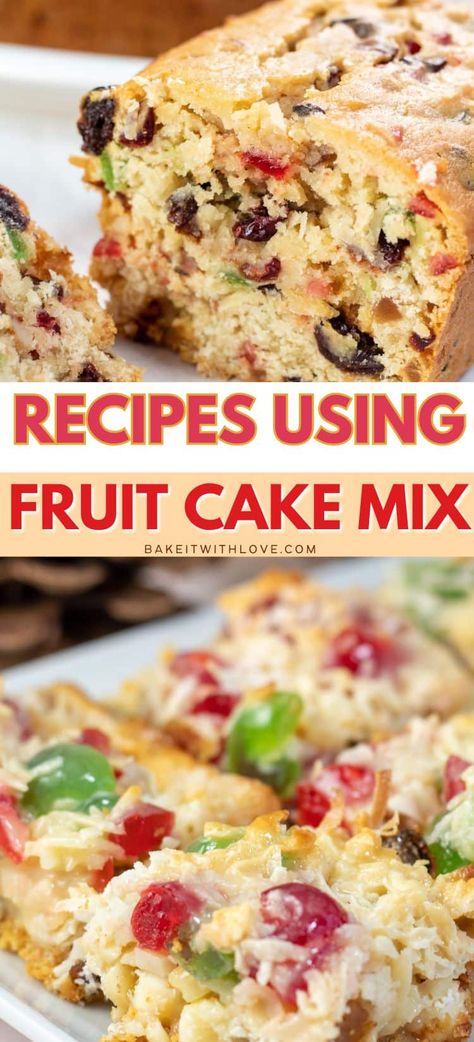 These recipes using fruitcake mix feature a variety of delicious desserts that are perfect for the holidays! From traditional fruitcakes to cookies or bars, there is something for everyone! They are all easy-to-make, tasty, and use store-bought fruitcake mix! BakeItWithLove.com 3 Ingredients Fruit Cake Recipes, Mixed Peel Recipes, Fats Foods, Kids Foods, Fruit Cake Cookies, Cake Mix Desserts, Fruit Recipe, Fruit Cake Christmas, Fruit Cakes