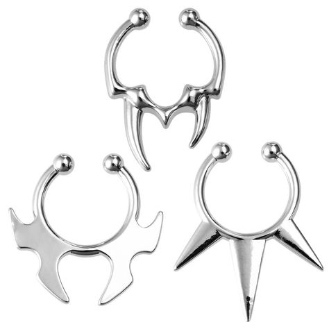 PRICES MAY VARY. Versatile Set: Get 3 pieces of stainless steel fake nose septum rings for a unique look. Non-Piercing Design: These clip-on nose rings require no piercing, making them safe and comfortable. Edgy Style: The spike and bucktooth designs add an edgy, punk-inspired touch to your look. Easy to Use: Simply clip the fake septum ring onto your nose for a seamless, pierced appearance. Durable Material: Crafted from high-quality stainless steel for long-lasting wear. Embrace your edgy side Hyperpop Jewelry, Cool Piercing Jewelry, Dr Bedroom, Unique Piercings, Fake Nose Piercing, Hoop Septum, Piercing Clip, Nose Ring Jewelry, Nose Septum