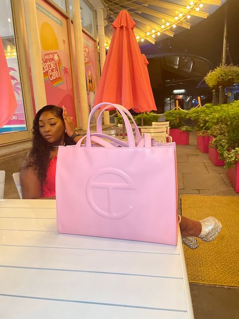 bubblegum pink telfar bag barbie black girl Large Pink Telfar Bag, Telfar Pink Bag, Pink Telfar Bag, Pink Telfar, Telfar Bags, Telfar Bag, 27th Birthday, Malibu Barbie, Acrylic Nails Coffin Pink