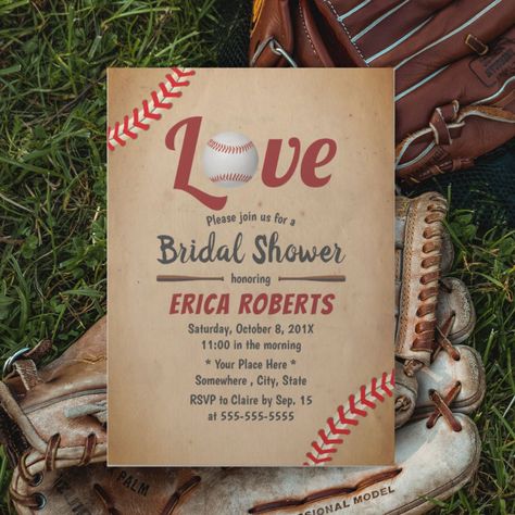 Baseball Bridal Shower Ideas, Bridal Shower Baseball Theme, Baseball Wedding Invitations, Baseball Wedding Shower, Baseball Baby Shower Invitations, Vintage Bridal Shower Invitations, Baseball Wedding, Sports Wedding, Vintage Bridal Shower