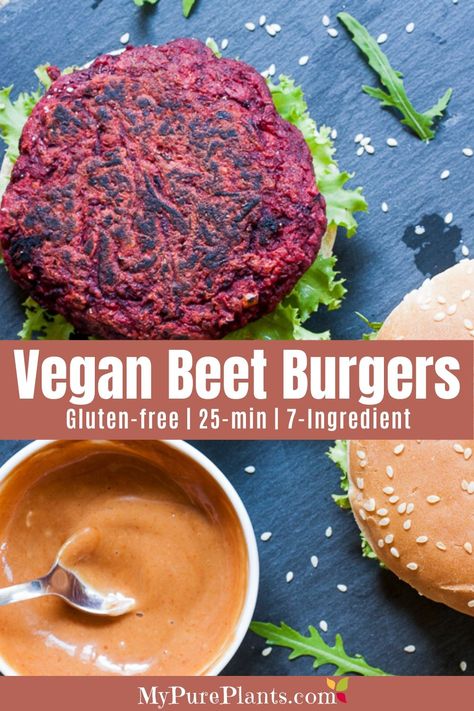 With just 7 simple and easy-to-find ingredients, this vegan beet burger recipe is perfect for those who want to experience the juicy, flavorful, and downright irresistible taste of this crowd-pleaser. Get your hands on some beets, cannellini beans, and oats, and trust us, this vegan burger will leave you feeling happy, satisfied, and wanting more! Beet Veggie Burger, Vegan Beet Burger, Beet Burger Recipe, Beetroot Burger, Beetroot Burgers, Pea Puree, Vegan Burger Recipe, Easy Burger Recipe, Tofu Burger