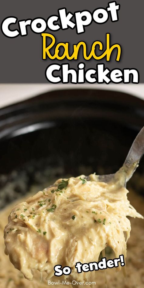 Crockpot with a spoon and shredded chicken with a ranch creamy dressing with Pinterest overlay. Dinner Shredded Chicken, Crockpot Ranch Chicken, Crock Pot Ranch Chicken, Crockpot Rice Recipes, Chicken And Rice Crockpot, Ranch Chicken Crockpot, Amazing Slow Cooker Recipes, Shredded Chicken Crockpot, Chicken Breast Crockpot Recipes