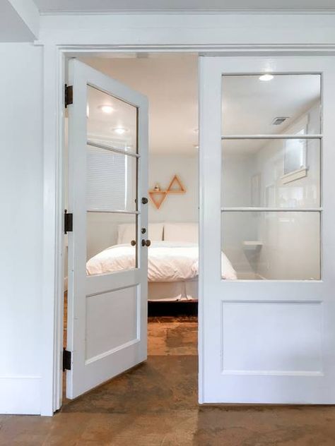 Narrow French Doors Interior Bathroom, Small Room French Doors, Narrow French Doors Closet, Narrow Wood French Doors, Bedroom With French Doors, French Door Balcony Master Bedrooms, Cliff View, French Doors Bedroom, Dream Closet Design