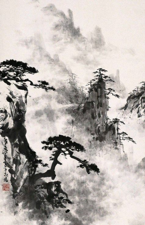 Japanese Ink Painting Landscape, Ink Painting Ideas, Sumi Painting, Chinese Painting Traditional, Chinese Dynasty, Sakura Blossoms, Chinese Drawings, Chinese Landscape Painting, Chinese Art Painting