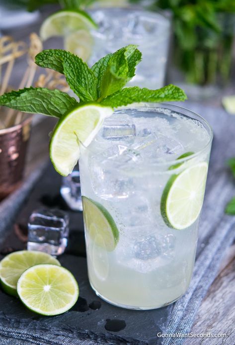 A highball glass filled with Lime Rickey, ice, and lime wedge Lime Rickey Recipe, Gin Rickey, Vodka Mojito, Lime Rickey, Most Popular Cocktails, Coconut Syrup, Lemon-lime Soda, Cocktail Photography, Mojito Recipe