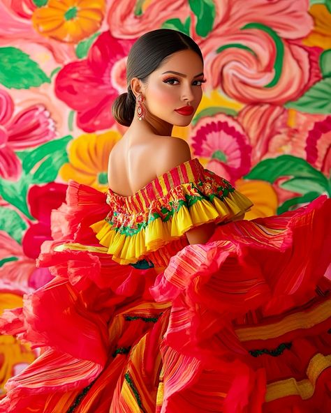 Colorful. Classy. Elegant. #modernmexicanas 🌺💃🇲🇽 Folklorico Dresses, Mexican Inspiration, Mexican Fashion, African Girl, Photo Makeup, August 8, Abstract Faces, Fashion 2024, Art Flowers