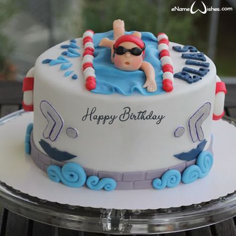 Cake For Friend, Pool Birthday Cakes, Name On Cake, Swimming Cake, Write Name On Cake, Birthday Cake Write Name, Online Birthday Cake, Pool Party Cakes, Pool Cake