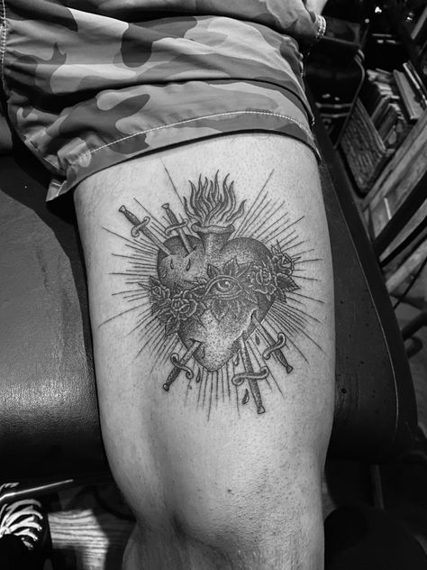 Black and grey sacred heart tattoo made by Luke Wessman in OC CA Sacred Heart Black And Grey, Sacred Heart Leg Tattoo, Heart Tattoo Man, Leg Sleeve Inspiration, Sacred Heart Stomach Tattoo, Heart Leg Tattoo, Sacred Heart Sternum Tattoo, Sacred Heart Tattoo Chest, Jesus Heart Tattoo