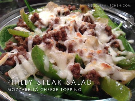 Philly Cheese Steak Salad, Philly Steak And Cheese, Steak Salad Recipe, Pickled Banana Peppers, Philly Steak, Ground Sirloin, Steak Salad, Cheese Salad, Stuffed Banana Peppers