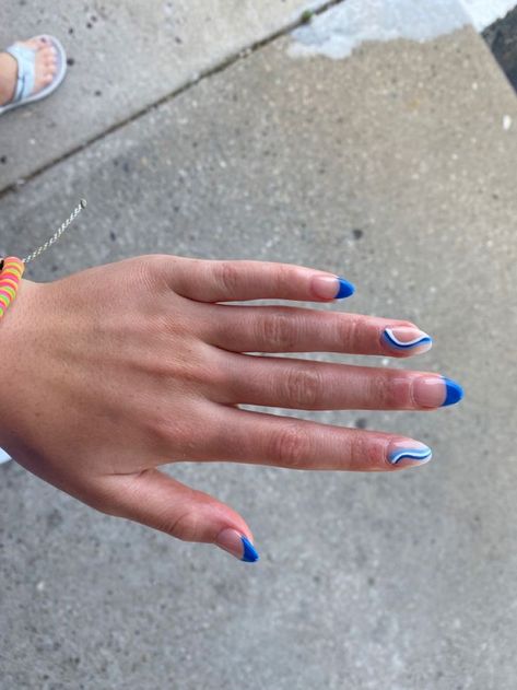 Squiggly Line Nails Blue, Short Round Blue Nails, Bright Blue Nails With Design, Blue Almond Acrylic Nails, Blue Swirl Nails, Anytime Nails, Short Rounded Acrylic Nails, Round Nail Designs, Grad Nails