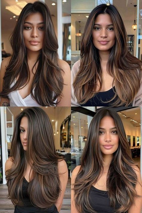 Haircuts For Long Hair Straight, Brown Layered Hair, Balayage Straight Hair, Long Hair Highlights, Black Hair Balayage, Haircuts For Long Hair With Layers, Brown Hair Looks, Brown Hair Inspo, Brunette Hair With Highlights