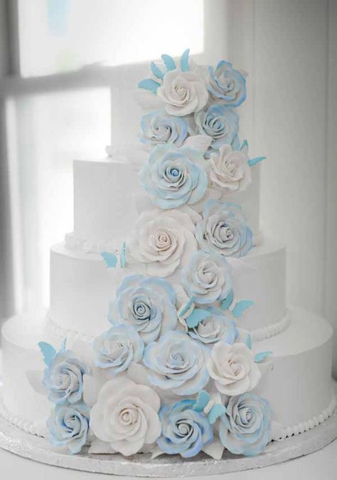 Wedding Cakes With Butterflies, Light Blue Butterfly Quince Cake, Blue Butterfly Quince Cake, Wedding Cake Sky Blue, Sky Blue Cakes, Wedding Cakes With Blue Flowers, Sky Blue Wedding Cake, Blue Flower Wedding Cake, Wedding Cake Light Blue