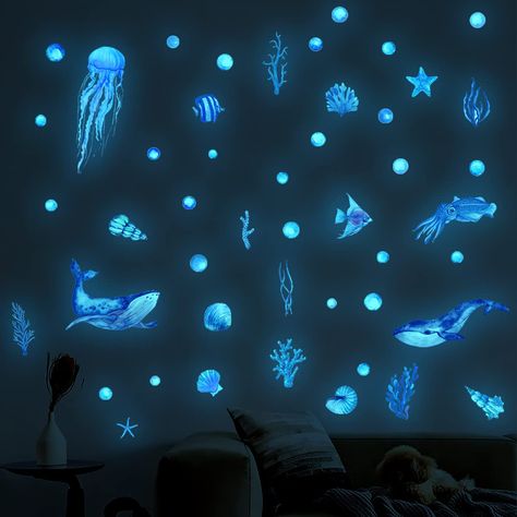 PRICES MAY VARY. Unique and One of a kind Home Wall Sticker Design ,2 Sheet Size: 7.9 in* 11.8 in .Picture for reference only These light-up blue sea life world Animals wall decals are made of high quality pvc material, green and luminous; they are waterproof, wear-resistant, colorfast, non-breakable, wrinkle-resistant, practical and easy to tear, so you can use them with confidence. These sea world wall sticker sets are easy to apply to change the feel of your room; blue stickers show off a gor Translucent Stickers, Ocean Themed Bedroom, Purple Octopus, Ocean Room, Wall Sticker Design, Bawah Air, Diy Wall Stickers, Wall Stickers 3d, Cool Wall Art