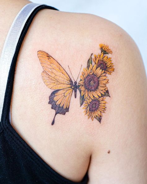 Sunflower And Butterfly Tattoo, Sunflower Foot Tattoos, Sunflower Tattoo Meaning, Rose And Butterfly Tattoo, Butterfly Tattoo Meaning, Sunflower Tattoos, Butterfly Tattoo Designs, Sunflower Tattoo Design, Sunflower Tattoo