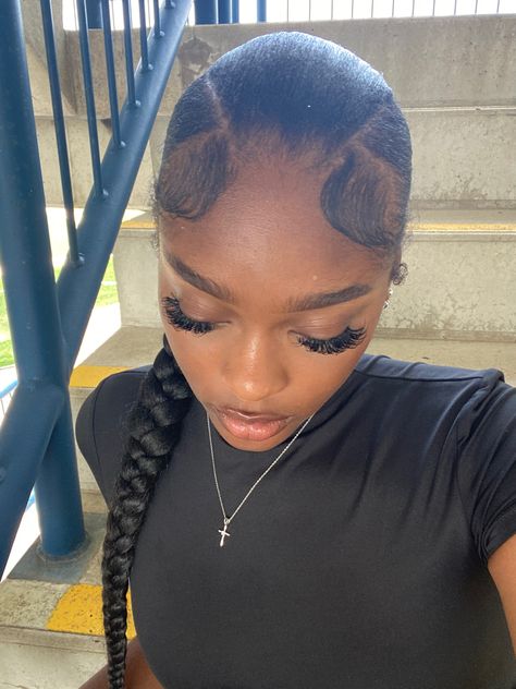 Braided ponytail w/ 3way part V Braided Ponytail, Parted Braided Ponytail, V Part Slick Back Braided Ponytail, Sleek Bun Ponytail, V Part Slick Back Ponytail Braid, Slick Parted Ponytail, Slicked Braided Ponytail, Braided Ponytail Side Part, V Part Hairstyle