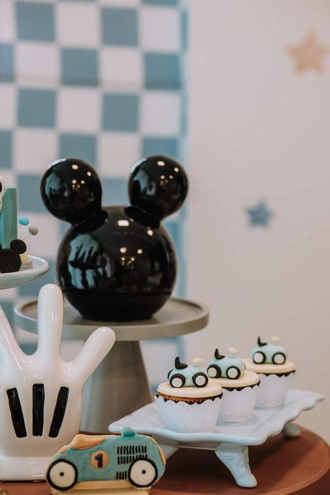 Mickey Mouse Racer 1st Birthday Party | CatchMyParty.com Vintage Mickey Birthday Party, Mickey Racers Birthday Party, Mickey Mouse Racers Birthday, 1st Birthday Boy Decorations Ideas, 1st Birthday Party Ideas Boy, Vintage Mickey Mouse Party, Mickey Roadster Racers Party, Mickey Mouse Birthday Party Ideas, Mickey Mouse Theme Party