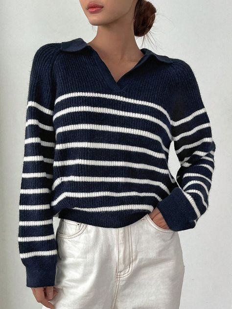 DAZY Striped Pattern Raglan Sleeve Sweater | SHEIN USA Navy Blue Striped Sweater Outfit, Pull Over Outfits, Navy Striped Sweater Outfit, Pullover Outfits Women, Navy Blue Sweater Outfit, Blue Sweater Outfit, Pull Bleu Marine, Striped Sweater Outfit, Classy Sweater