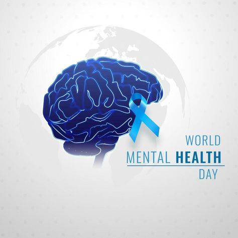 World Mental Health Day poster or template design, illustration of human brain with Aids ribbon in blue color on grey global earth background. World Mental Day Poster, Health Day Poster, Hospital Ads, Aids Ribbon, Earth Background, World Mentalhealth Day, World Mental Health Day, Mental Health Posters, Creative Advertising Design