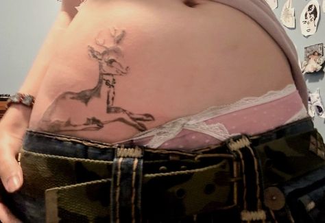 Deer Hip Tattoo, Antler Rib Tattoo, Japanese Deer Tattoo, Deer Chest Tattoo, Hunting Tattoos, Waist Tattoos, Lower Stomach, Pink Goth, Deer Tattoo