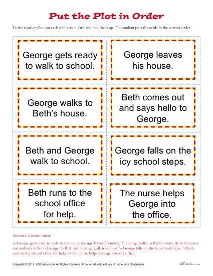 With these fun cut-out plot action cards, students will organize the sentences in the correct order to form a short story. Great for 1st - 3rd grade. Put The Story In Order Worksheet, Plot Elements Activities, Chronological Order Activities, Plot Worksheet, Plot Activities, Line Plot Worksheets, Plot Structure, English Worksheet, Text Structure