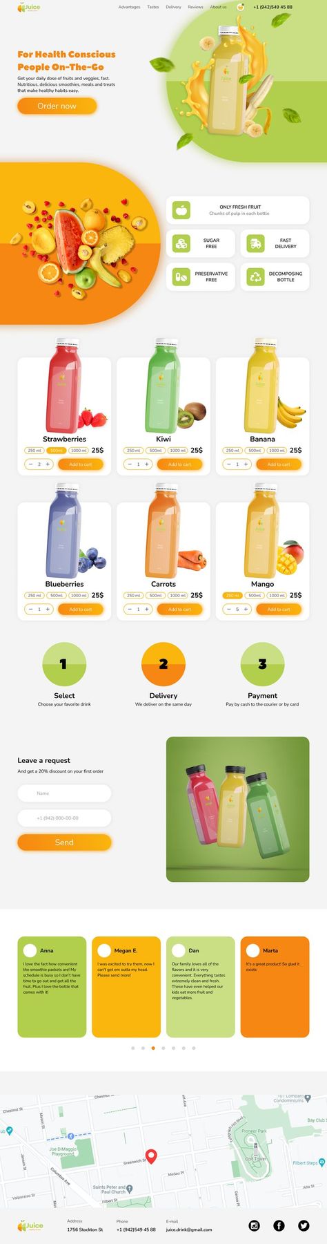 Website for a juice store The main task was to create a landing page for the sale of smoothies and juices, which will reflect the logo and brand identity. On this basis, the website was designed using brand colors and elements from the logo. Smoothie Store, Wireframe Website, Juice Store, Ui Design Principles, Unique Website Design, Landing Page Website, App Design Layout, Android App Design, Wireframe Design