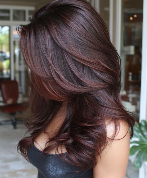 Red Tones Hair Color Dark Brown, High Low Lights Hair Dark Brown Red Highlights, Brunette To Red Hair Transformation, Medium Brown Hair With Red Tint, Red Bayalage Brunette, Reddish Brown Highlights On Dark Hair, Highlight Black Hair, Cinnamon Red Hair Color, Red Lowlights In Brown Hair