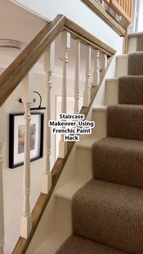 STAIRCASE MAKEOVER 😍 Looking to give your staircase a more timeless, country cottage feel? Steal this idea from Frenchic Fan Abi (over at… | Instagram Cottage Stairs And Landing, Pine Staircase Makeover, Coloured Bannister Ideas, Edwardian Staircase Ideas, Farmhouse Bannisters, Frenchic Browning Wax Stairs, Painted Banister Ideas Colour, Coloured Bannister, Landing Banister Ideas