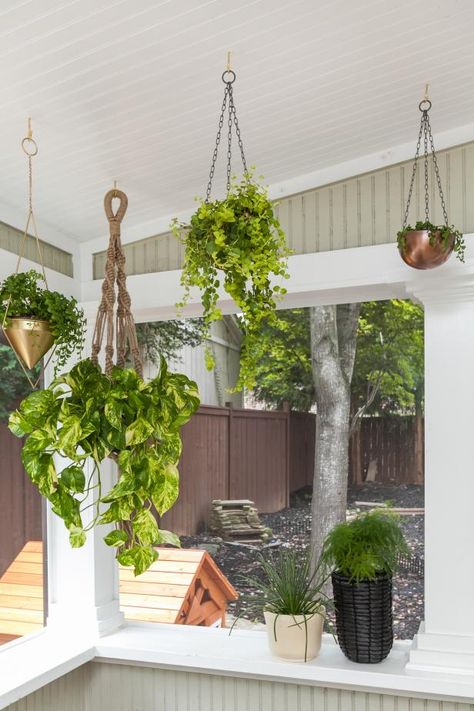 Porch With Hanging Plants Modern Front Porch Decor, Balcony Hanging Plants, Backyard Entertaining Area, Modern Front Porches, Hanging Plants Outdoor, Farmhouse Porch Decor, Hanging Plants Diy, Porch Plants, Plant Pot Design