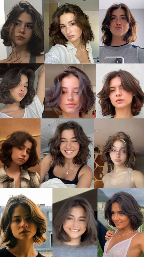 Because it is curly, cut to sholder, and it will shrink to chin lenghth! Chin Length Hair Wavy Curls, Short Hair Styles Middle Part, Short Wavy Hair Thick, Short Modern Haircuts For Women, Wavy Short Hair With Layers, Chin Length Hair No Bangs, Short Hair Aesthetic Outfits, Rapunzel Cut Hair, Short Textured Lob