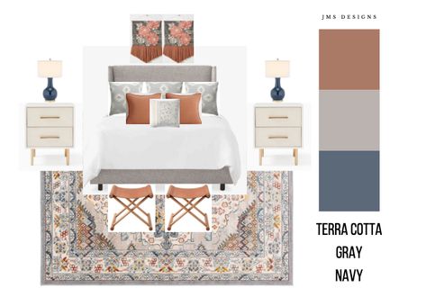 Bedroom Colors Terra Cotta, Gray and Navy. A blue and rust color combination. Blue Gray Rust Bedroom, Grey Cream And Terracotta Bedroom, Gray Rust Navy Color Scheme, Terra Cotta And Gray Bedroom, Terra Cotta And Navy Bedroom, Terra Cotta Master Bed, Navy And Rust Bedding, Dark Gray And Terracotta Bedroom, Terra Cotta Navy Bedroom