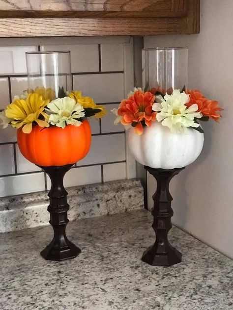 Outdoor Wooden Fall Decorations Diy, Pumpkin Candle Holder, Fall Pumpkin Crafts, Fall Decor Diy Crafts, Fall Decor Dollar Tree, Dollar Tree Fall, Table Decorating, Church Decorations, Thanksgiving Decorations Diy