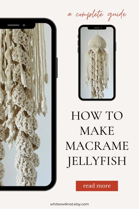 3D Fiber Art - Macrame Jellyfish/ Handmade Ocean Vibes Decor/ Macrame DIY Pattern Macrame Jellyfish, Jellyfish Tutorial, Macrame Hammock Pattern, Art Macramé, Jellyfish Light, Macrame Hammock, Knots Guide, Macrame Home Decor, Sewing Seams